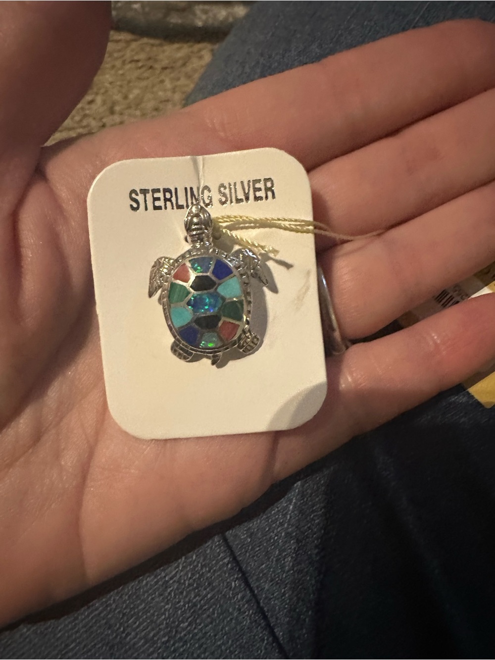 Sterling Silver Turtle Pendant Necklace with Blue Green Shell